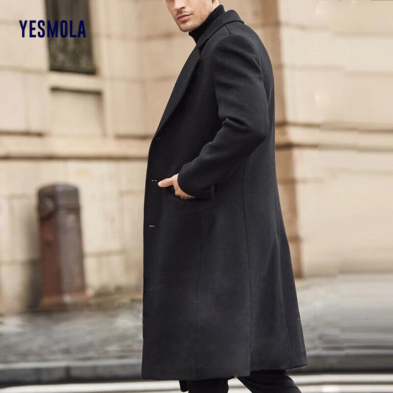Men's Wool Blends YESMOLA Autumn Winter Mens Coat Solid Long Sleeve Woolen Jackets Fleece Men Overcoat Streetwear Fashion Long Trench Outerwear 2