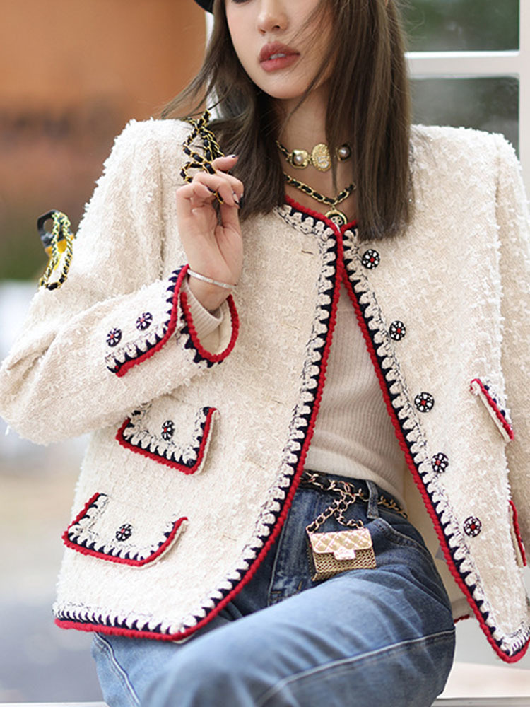 Women's Wool Blends UCXQ High End Temperament O-neck Color Contrast Long Sleeve Tweed Jacket For Women Autumn Elegant Woolen Coats 23A2874 230912