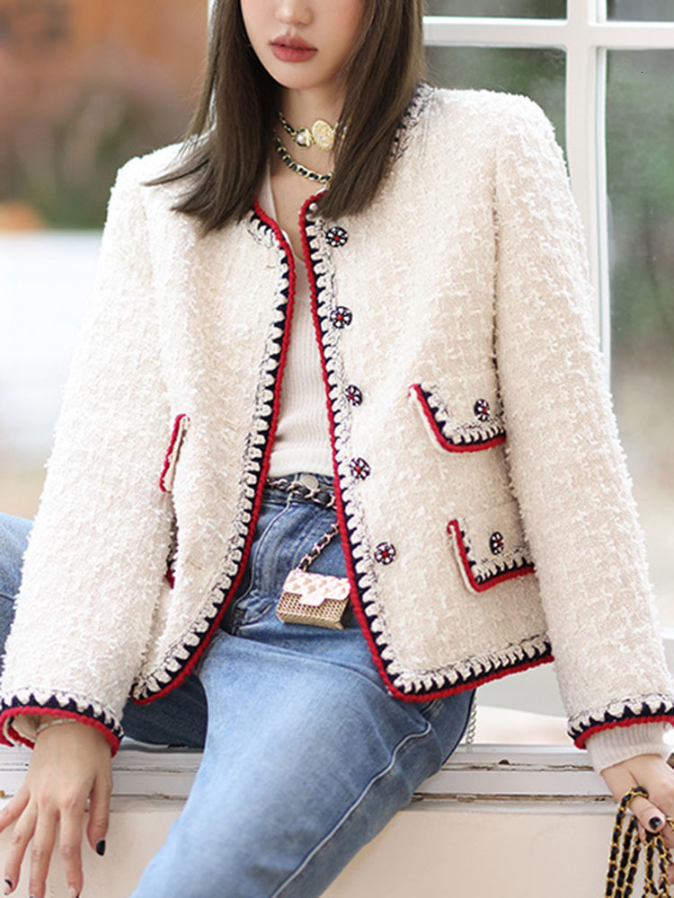 Women's Wool Blends UCXQ High End Temperament O-neck Color Contrast Long Sleeve Tweed Jacket For Women Autumn Elegant Woolen Coats 23A2874 230912