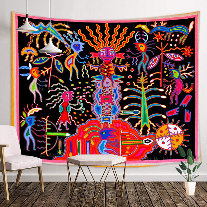 Tapestries Sun Moon Huichol Art Yarn Paintings Traditional Folk Shaman Religion Mexican Native Tapestry By Ho Me Lili For Wall Decor 230912