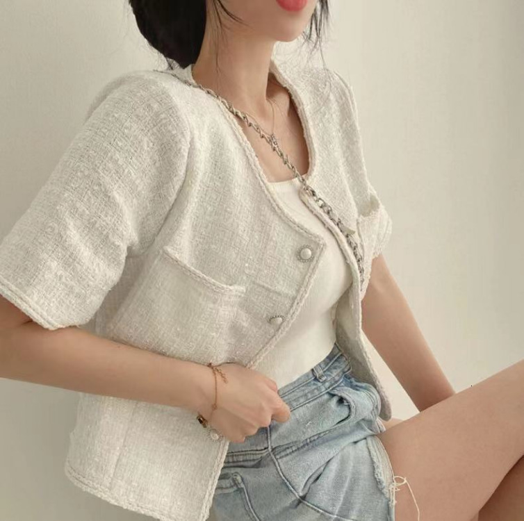 Women's Jackets Korean Chic O-neck Double Pockets Coat Women Summer Pearl Button Double Breasted Jackets Loose Short Sleeve Tweed Jacket 230912
