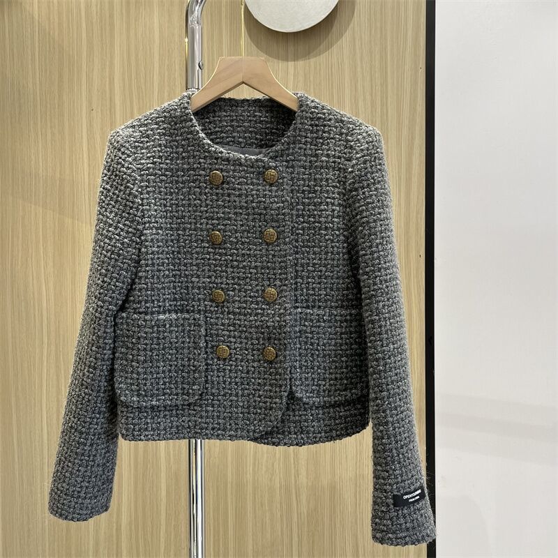 Women's Jackets Winter Tweed Thick Round Neck Jackets Coat Casual Warm Women Double Breasted Chaquetas Casaco Cotton Padded Lined Ceket Abrigo 23