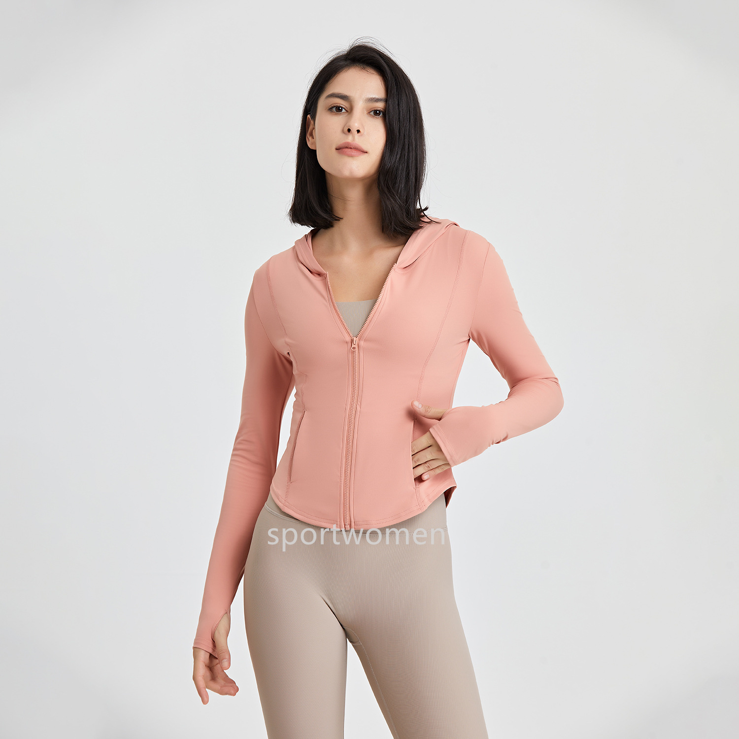Women's Hoodie Yoga long sleeves Jacket Outfit Solid Color Nude Sports Shaping Waist Tight Fitness Loose Jogging Sports wear For Lady Jacket hood