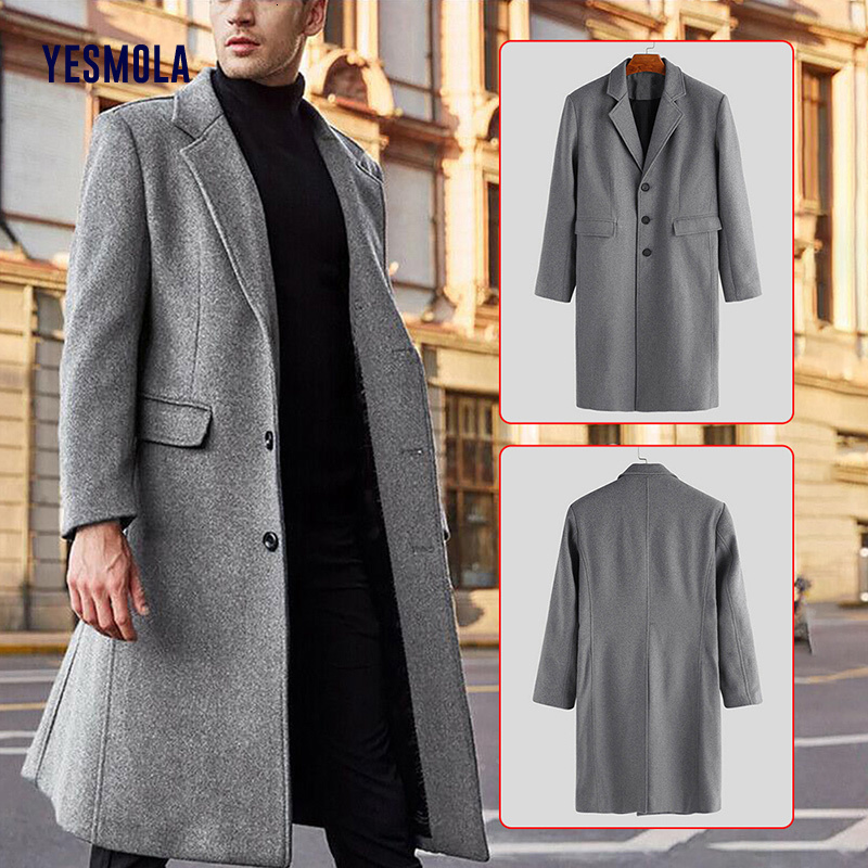 Men's Wool Blends YESMOLA Autumn Winter Mens Coat Solid Long Sleeve Woolen Jackets Fleece Men Overcoat Streetwear Fashion Long Trench Outerwear 2