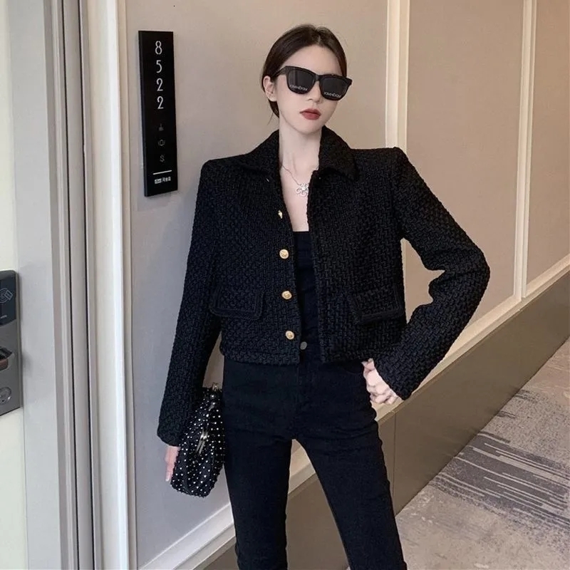 Women's Jackets Black Vintage Lapel Cropped Tweed Jackets Korean Trend Single Breasted Wool Blend Coats Elegant Slim Casacos Classics Outerwear 2