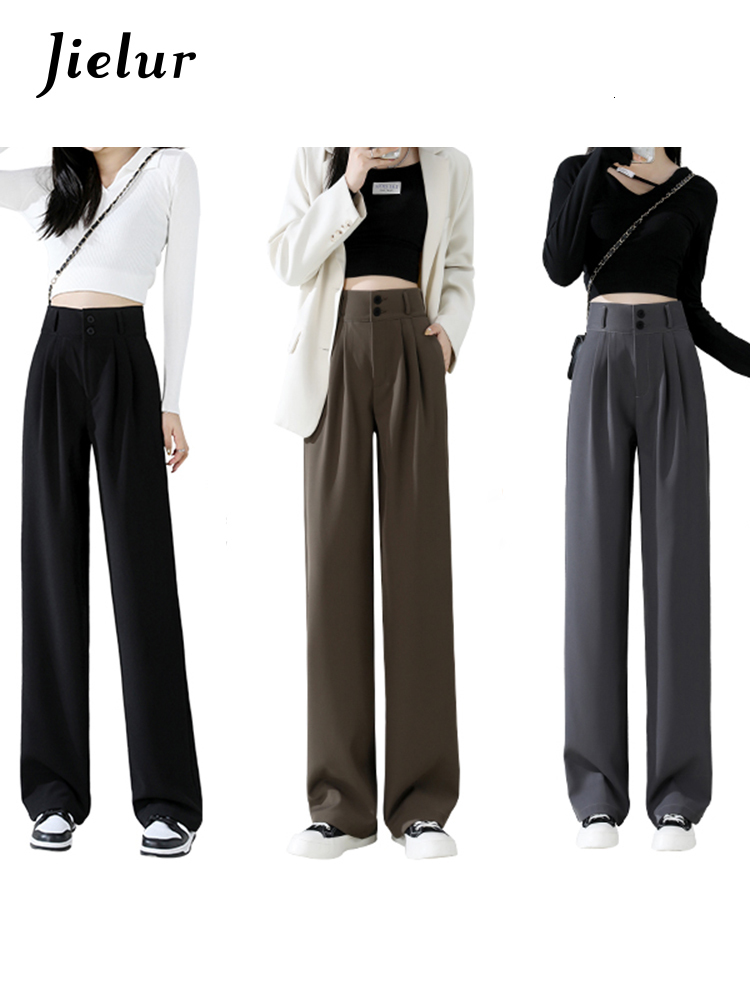 Women's Pants Capris Jielur High Waist Wide Leg Pants for Women Loose Straight Coffee Trousers Autumn Double Buttons Casual Suit Pants Female 230