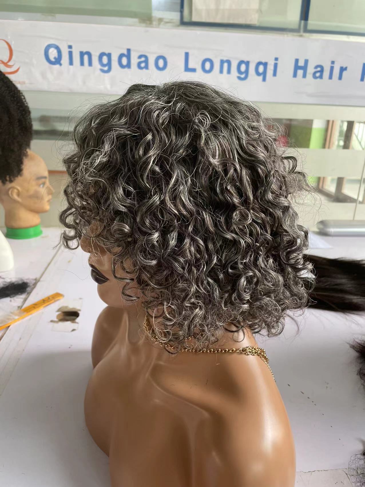 Black mixed grey hair salt&pepper human hair wig softly curly short grey machine made wig glueless silver gray loose wavy