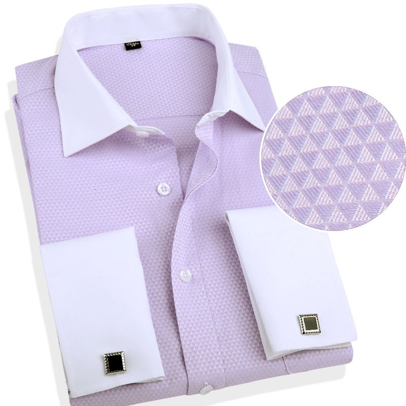 Men's Casual Shirts French Cuff Mens Formal Business Dress Shirt Long Sleeve Solid Twill Men Party Wedding Tuxedo with Cufflinks Chest Pocket 230