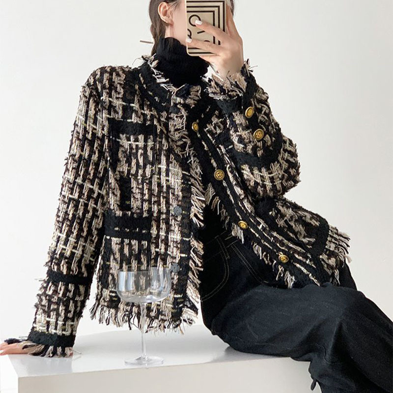 Women's Jackets Autumn Elegant Tweed Jacket Women Fashion Korean Loose Tassel Button Coat Hepburn Style V Neck All Match Office Lady Outwear 2309