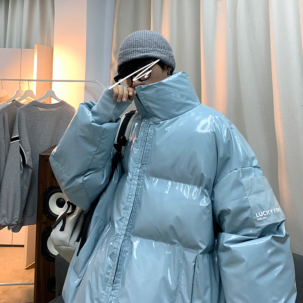 Men's Down Parkas Winter Jacket Men Parkas Thicken Warm Coat Stand Collar Oversize Parkas Bright Leather Fabric Jacket Korean Style Padded Coat 2