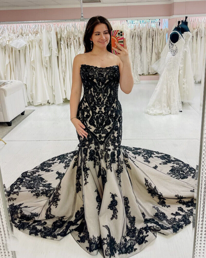 Strapless Black Lace Mermaid Gothic Wedding Dresses Sleeveless Backless Vintage Long Bridal Gowns Chapel Train Elegant Bride Reception Dress