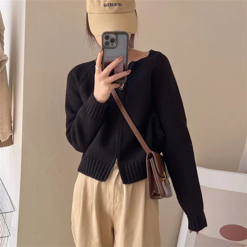 Women's Knits Tees Gray Sweater Outerwear Autumn Women clothes Retro Idle Sle Knit cardigan Thickened Long sleeve Short Jacket