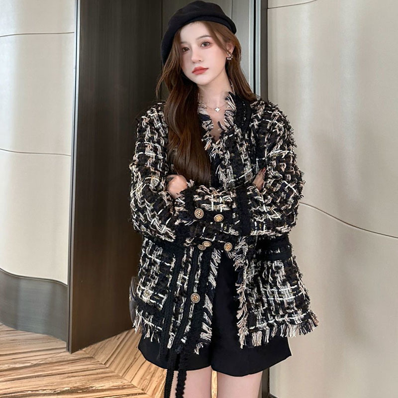 Women's Jackets Autumn Elegant Tweed Jacket Women Fashion Korean Loose Tassel Button Coat Hepburn Style V Neck All Match Office Lady Outwear 2309