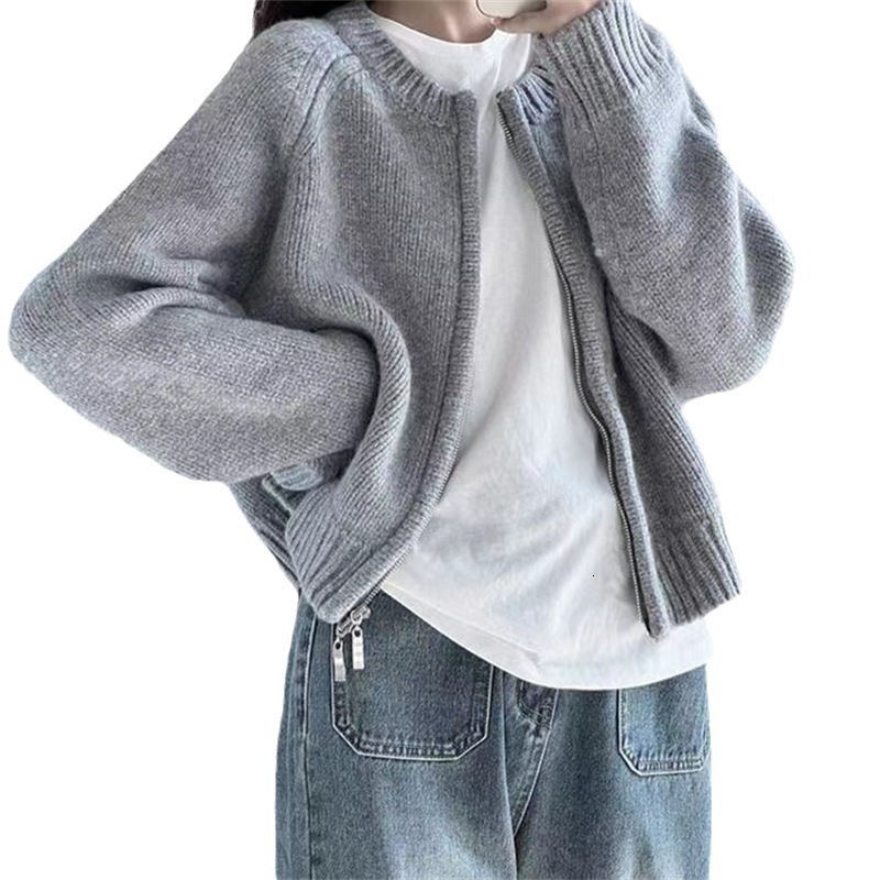 Women's Knits Tees Gray Sweater Outerwear Autumn Women clothes Retro Idle Sle Knit cardigan Thickened Long sleeve Short Jacket