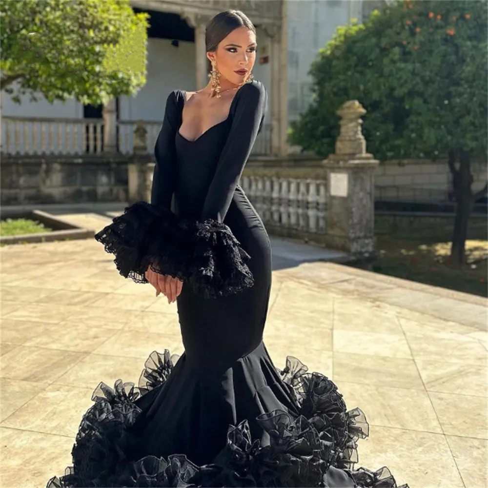 Spanish Flamenco Black Prom Costume Mermaid Long Sleeve Evening Dress For Dancer Night Ceremony Gothic Party Gowns