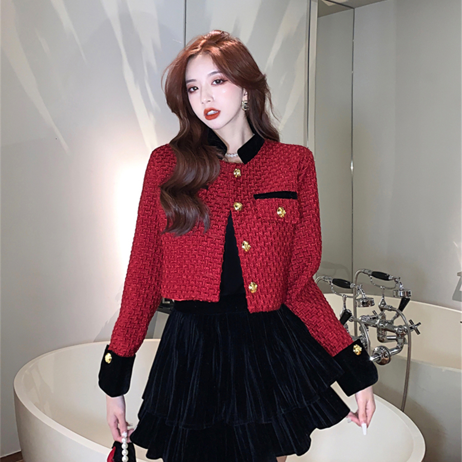 Women's Jackets Korean Spliced Cropped Tweed Jacket Women Spring Single Breasted Streetwear Outerwear Stand Collar Coat Fashion Vintage Chaqueta 