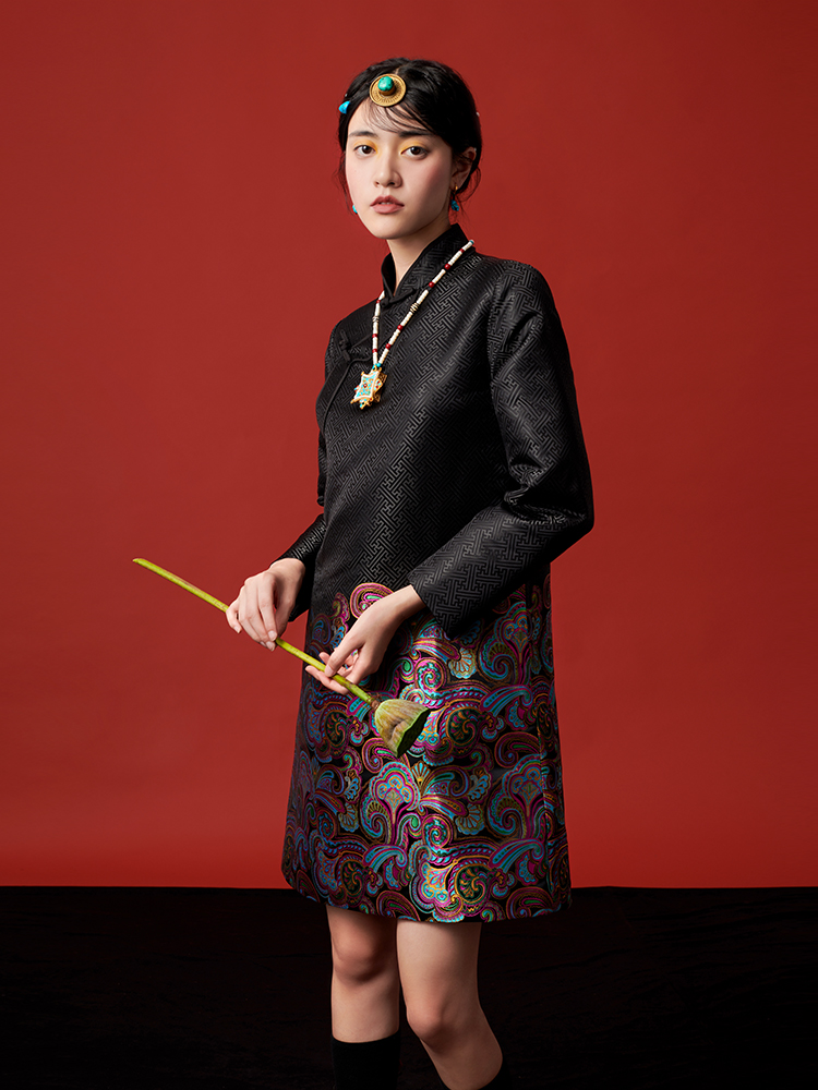 Nepal Tibet Trend Clothing Improved Ethnic Tang Suit Style Robe Girl Traditional Black Cheongsam Tibetan Areas Daily Gown Wear