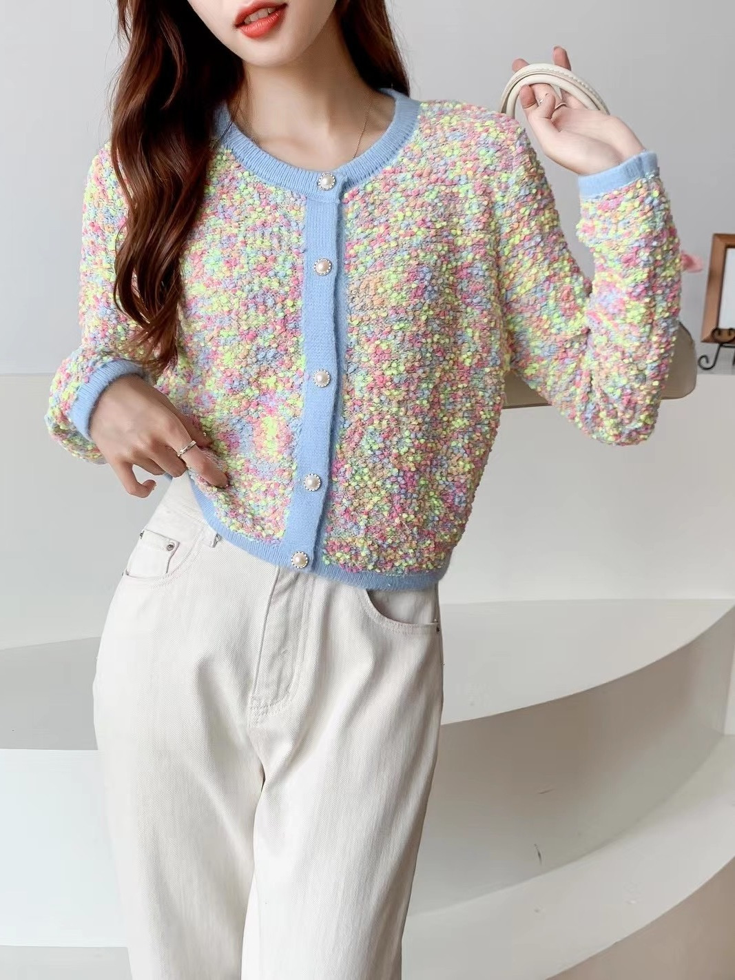 Womens o-neck single breasted gradient color knitted sweater cardigan XSSMLXL