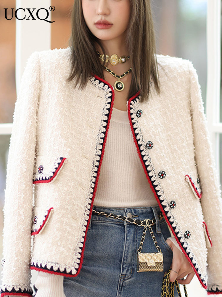 Women's Wool Blends UCXQ High End Temperament O-neck Color Contrast Long Sleeve Tweed Jacket For Women Autumn Elegant Woolen Coats 23A2874 230912