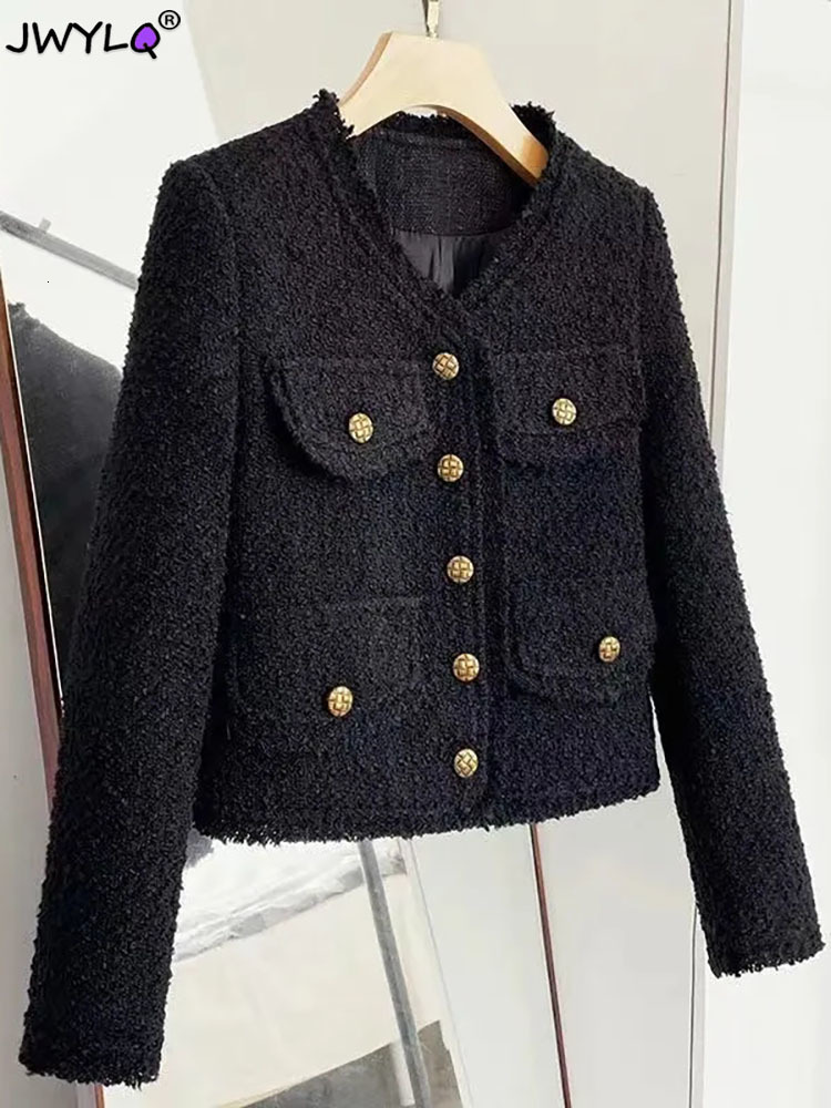 Women's Jackets Vintage Small Fragrant Tweed Jacket Women Autumn Winter Woolen Short Black Jacket Streetwear Fashion Slim Outwear Crop Tops 23091