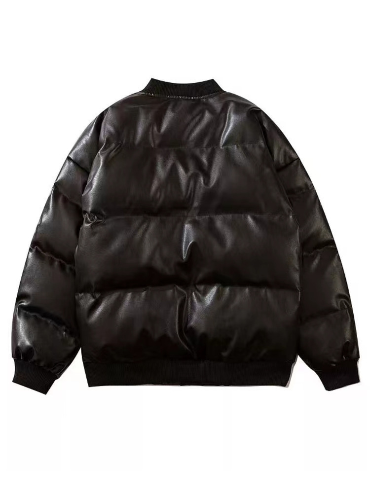 Men's Down Parkas High Street Embroidered Letter PU Puffer Jacket Men Women Y2k Hip Hop Baseball Parkas Winter Thick Padded Coat Warm College Top