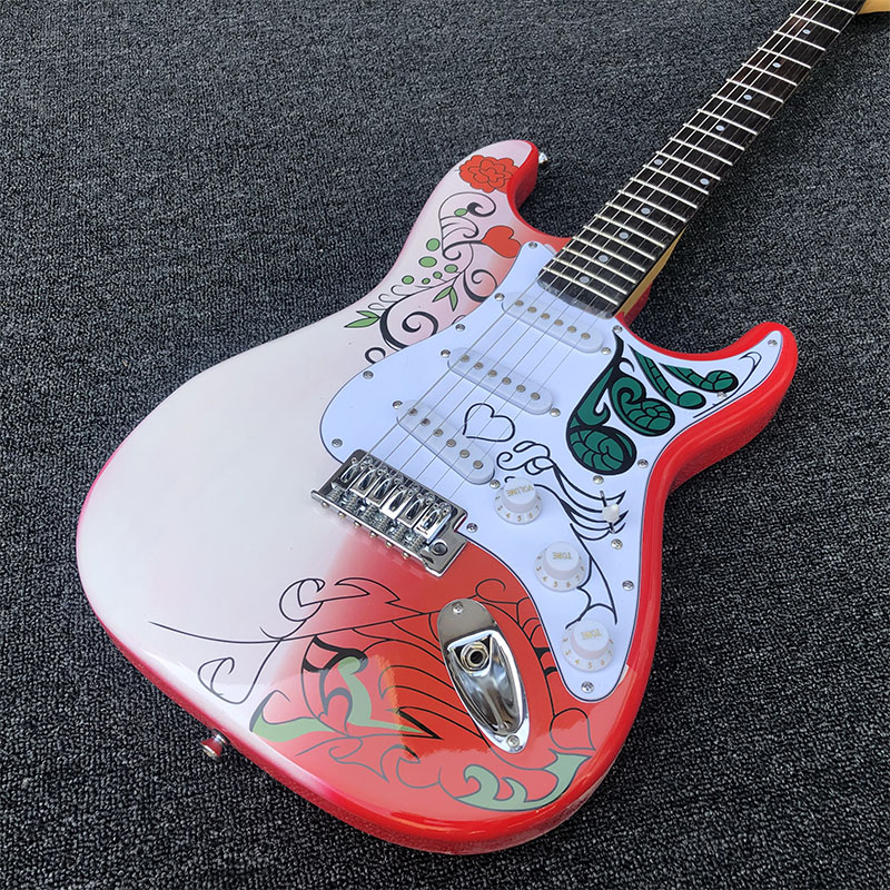 Custom Shop Jimi Hendrix Red Monterey White Electric Guitar Special Engraved Neck Plate Maple Neck Rosewood Fingerboard Tremolo Bridge Whammy Bar Vintage Tuner
