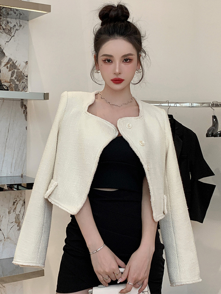 Women's Jackets Autumn Winter Fashion Elegant Women Coat Tweed White Vintage Button Cardigan Short Slim Tops Jacket Blazer Ladies Mujer Outwears 