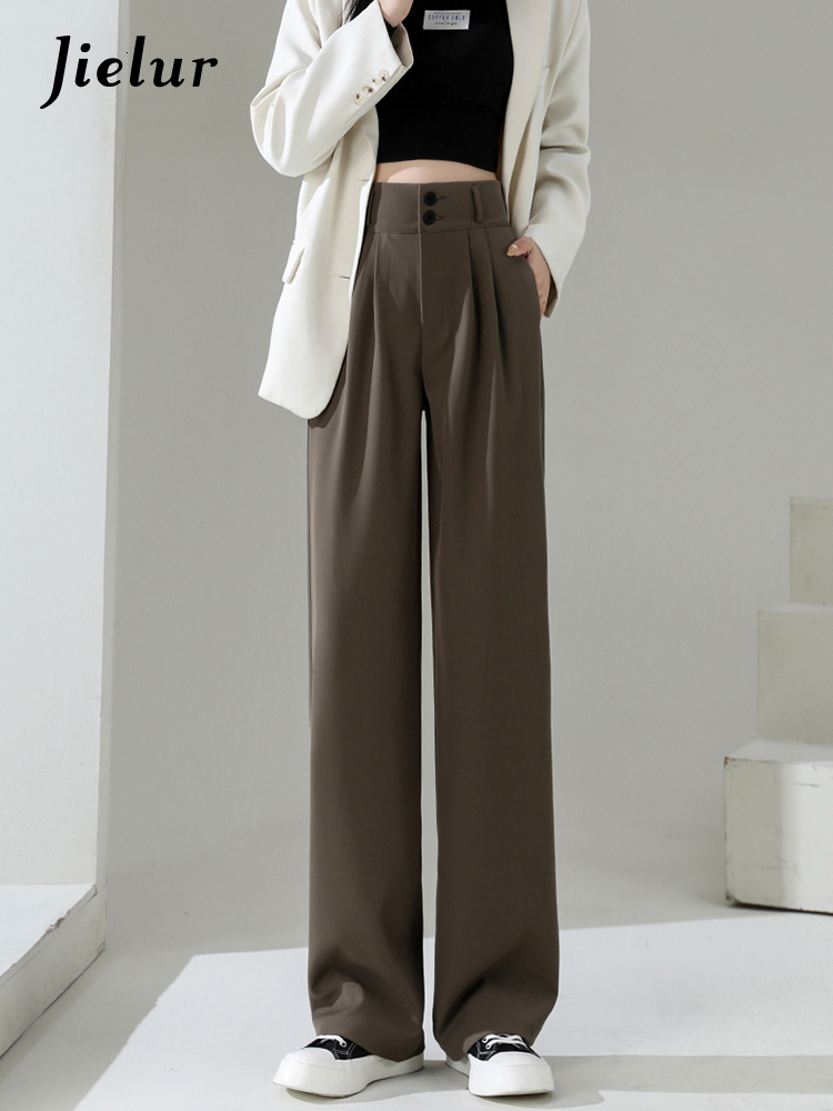 Women's Pants Capris Jielur High Waist Wide Leg Pants for Women Loose Straight Coffee Trousers Autumn Double Buttons Casual Suit Pants Female 230