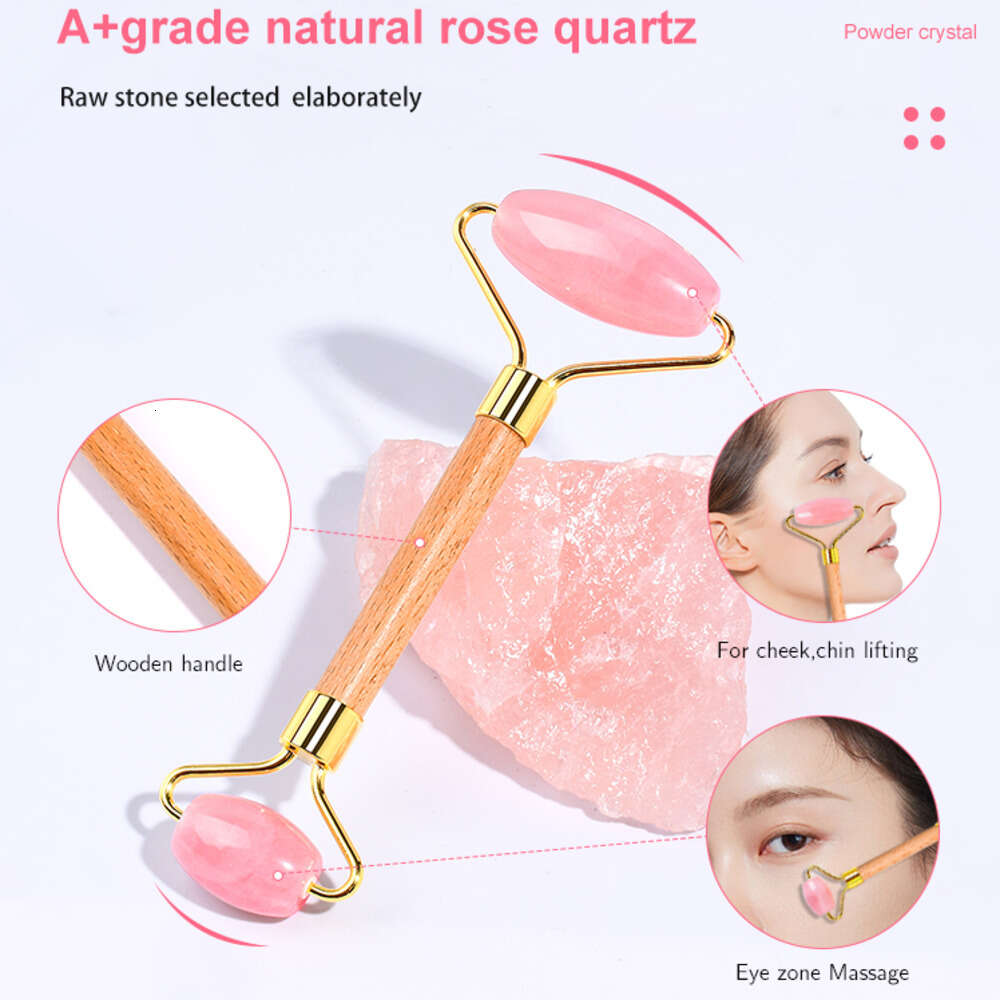 Beauty Rose Quartz Face Roller Face Care Tools Wooden Handle Jade Double Heads Facial Massage Roller Healing Stone Health Crystal Massager
