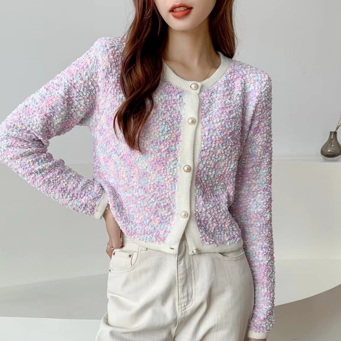 Womens o-neck single breasted gradient color knitted sweater cardigan XSSMLXL