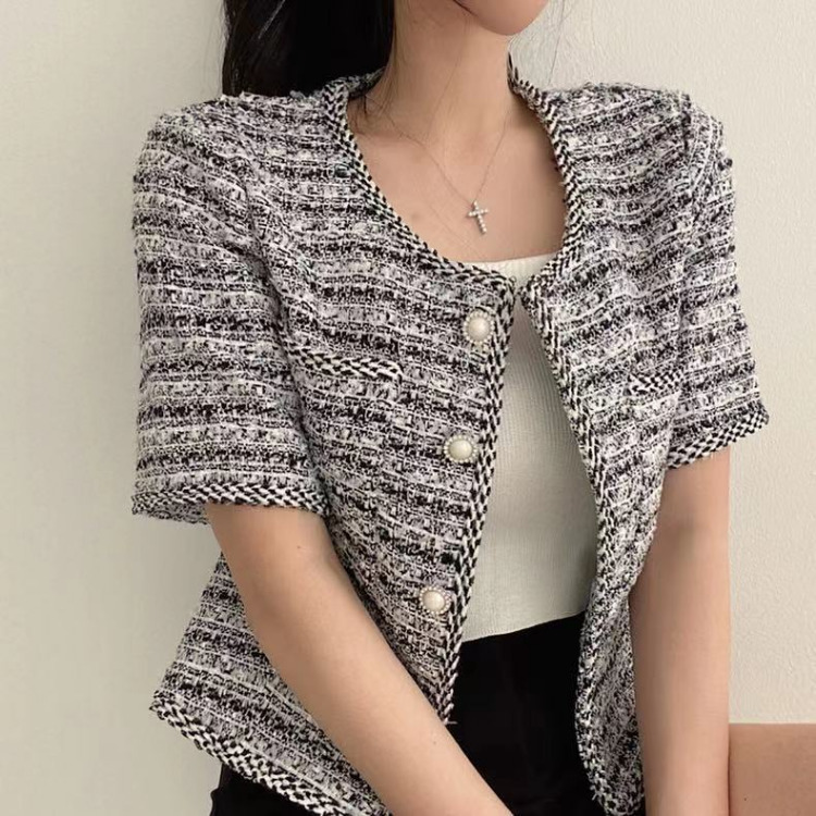 Women's Jackets Korean Chic O-neck Double Pockets Coat Women Summer Pearl Button Double Breasted Jackets Loose Short Sleeve Tweed Jacket 230912