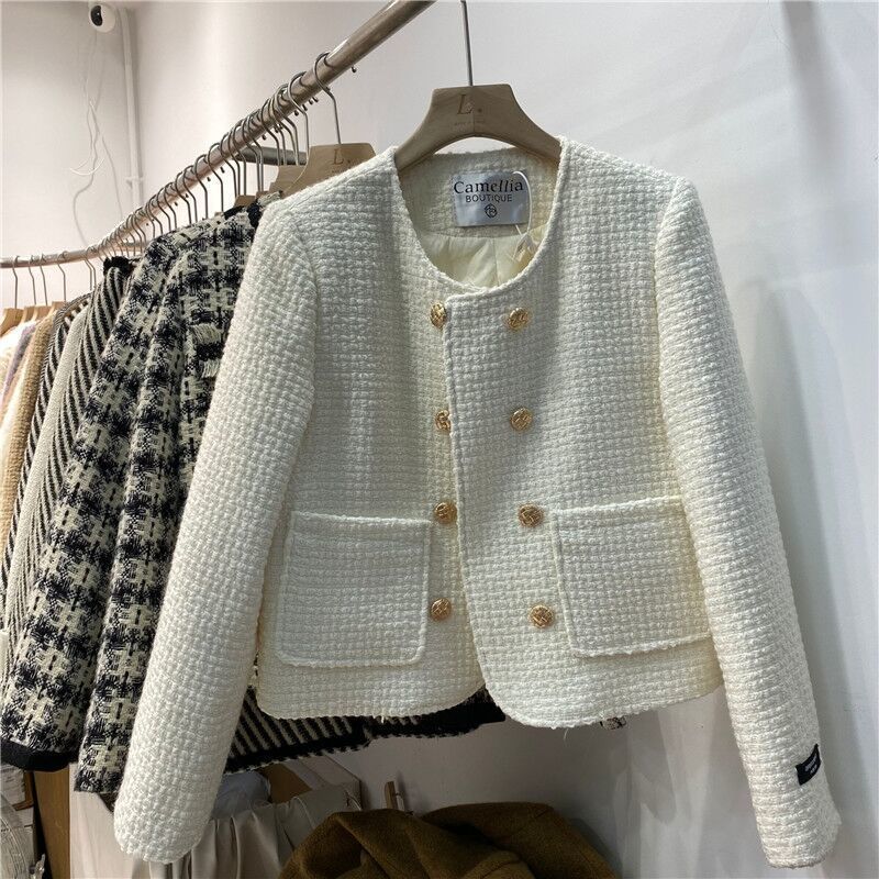 Women's Jackets Winter Tweed Thick Round Neck Jackets Coat Casual Warm Women Double Breasted Chaquetas Casaco Cotton Padded Lined Ceket Abrigo 23