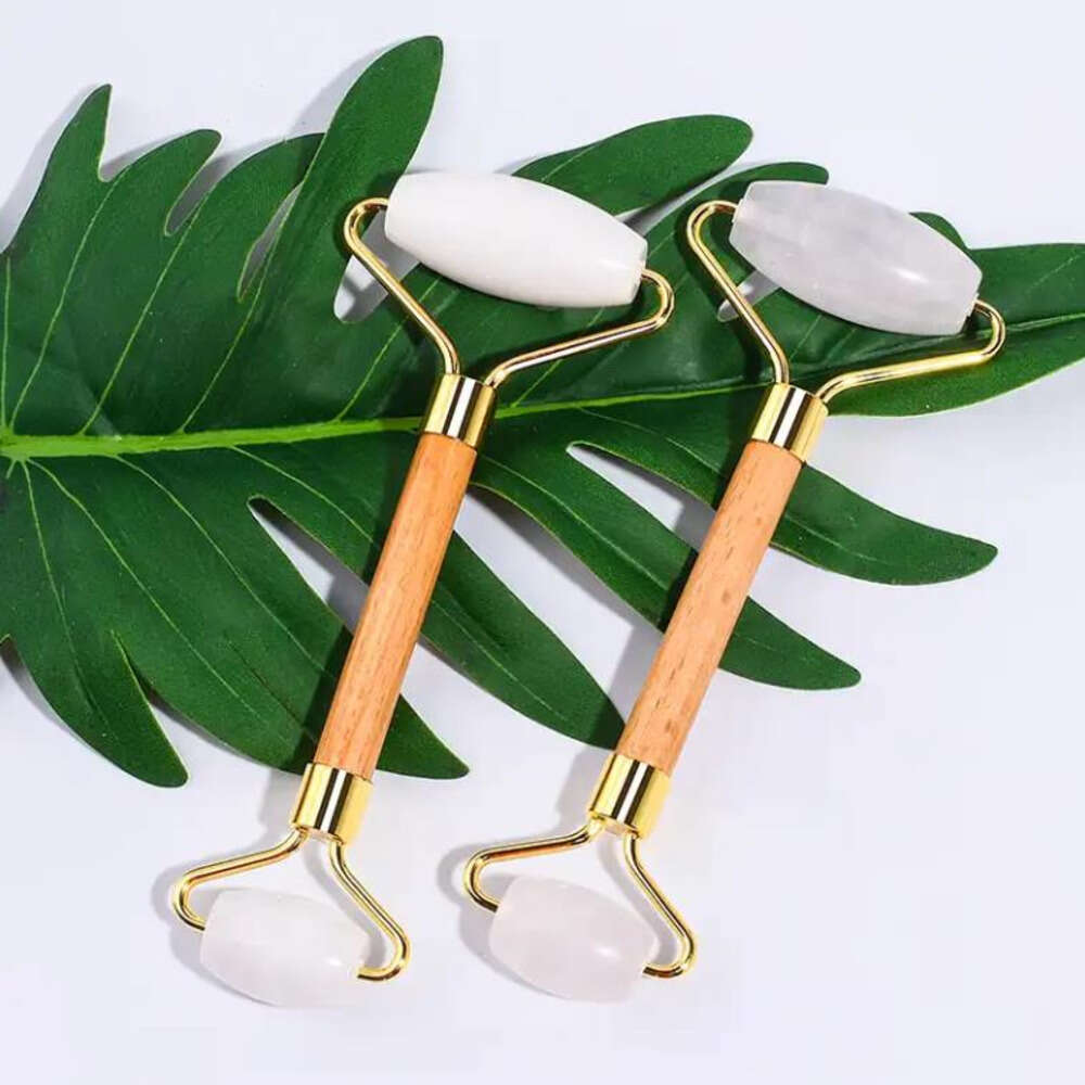 Beauty Rose Quartz Face Roller Face Care Tools Wooden Handle Jade Double Heads Facial Massage Roller Healing Stone Health Crystal Massager