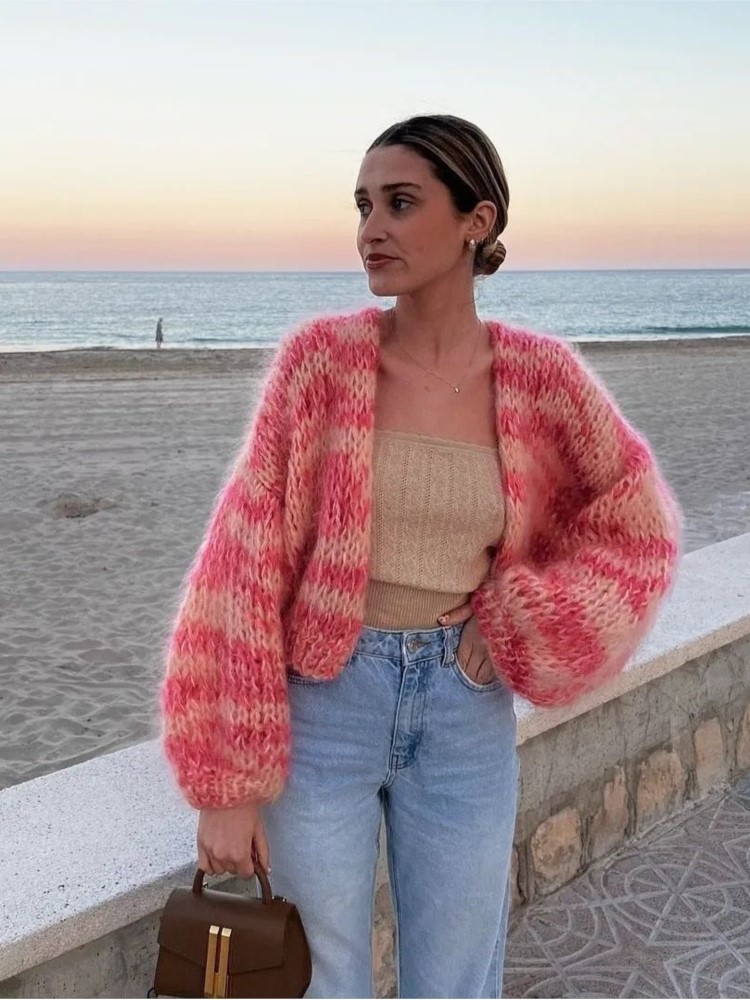 Women's Knits Tees Pink Striped Autumn Front Open Sweaters Long Lantern Sleeve Loose Crochet Cardigans Women Fashion Vintage Casual Streetwear 23