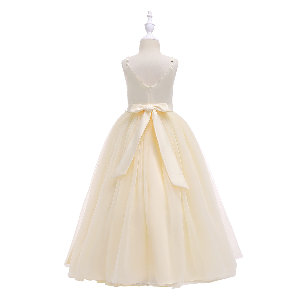 Pretty Princess Girl Dresses V-Neck Backless Appliques Bow Ball Gown Tulle Girls Pageant Gown Communion For Wedding Formal Party F08