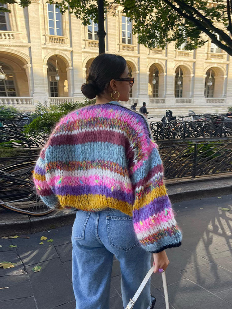 Women's Knits Tees Colorful Striped Crochet Knitted Sweaters Sweet Lantern Sleeve Loose Short Cardigans Women Autumn Fashion Streetwear Knitwears