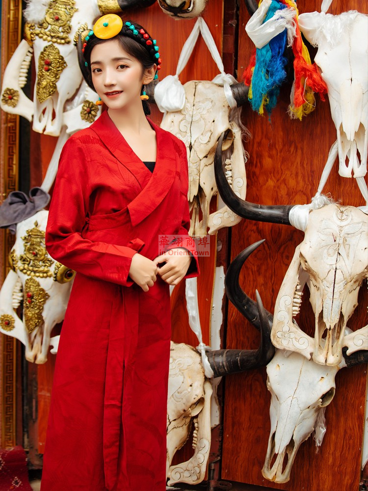 Red Tibet Clothing Lady Long Sleeve Slim Fit Bo La Dress Tibetan Girl Bola Long Robe Kangba Traditional Fashion Dance Black Gown