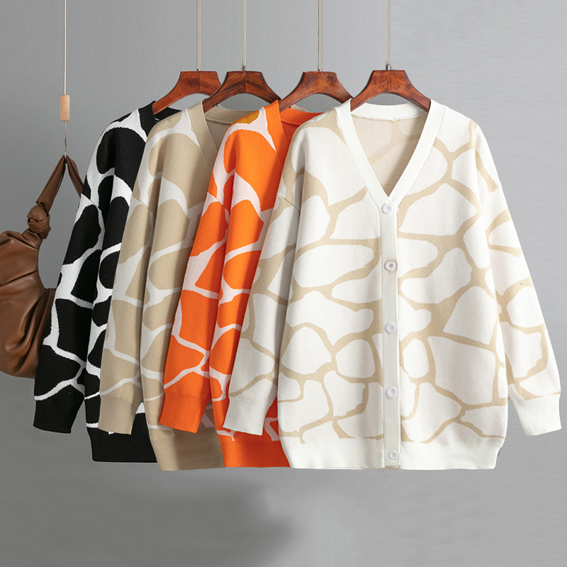 Women's Knits Tees Cardigans Women Warm Sweater Coat Autumn Winter Jacquard Knit V-neck Pattern Loose Sweater Jackets Female Long Cardigans 23091