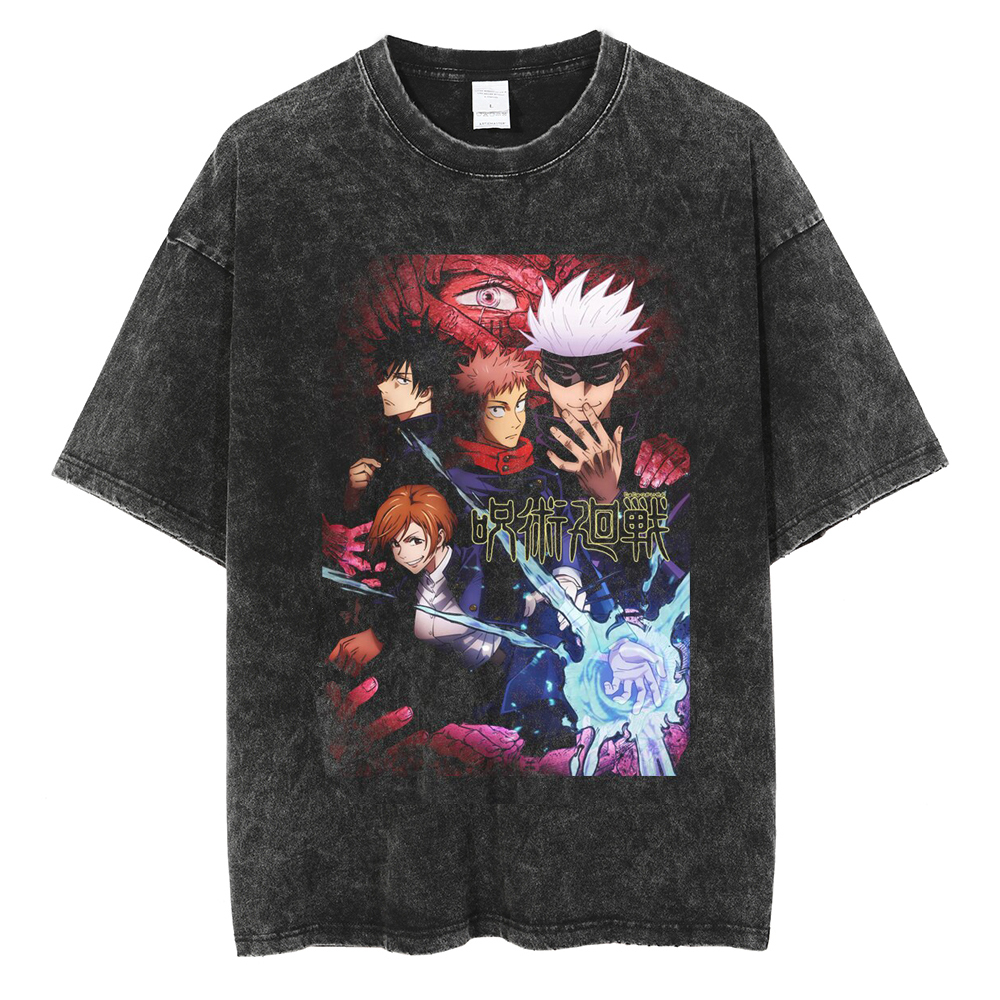 Men's TShirts Anime Jujutsu Kaisen T Shirt Vintage Washed Tshirt Gojo Satoru Graphic Print TShirt 100% Cotton Summer Retro Short Sleeve Tees 2309