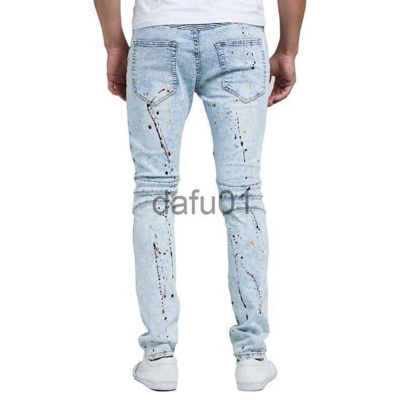 Men's Jeans Hip-hop Skinny Jeans Men Pleated Zipper Spliced Painted Splash-Ink Denim Casual Penicl Pants Tide228k x0914 x0911