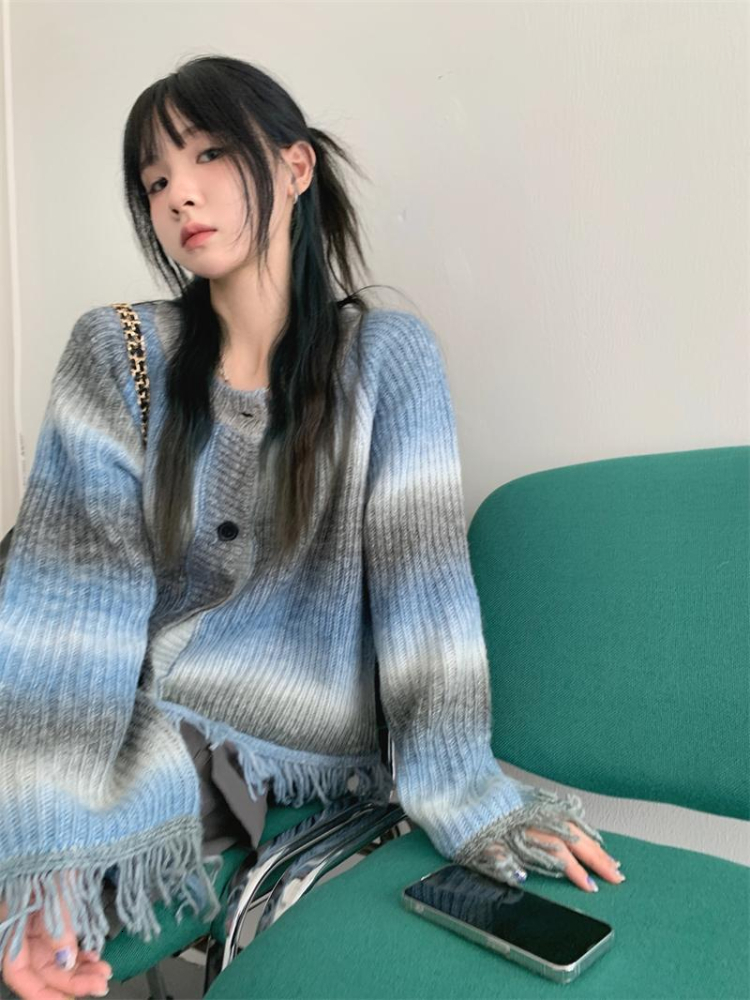 Women's Knits Tees Y2K Tassel Sweater Cardigan Women Harajuku Vintage Tie Dye Knitted Crop Jacket Autumn Korean Loose Gothic Knitwear Top Coat 23