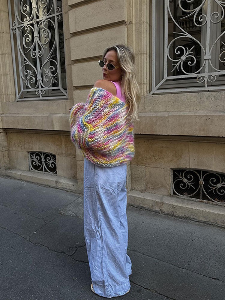 Women's Knits Tees Rainbow Stripe Printed Knitted Cardigan Sweater Women Cropped Crochet Lantern Sleeve Sweater Lady Streetwear Cardigans 230912