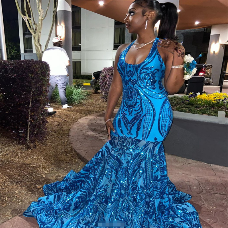 Black Girls Blue Sequin Prom Dress 2023 Glitter Mermaid Evening Dress Cross Backless Birthday Formal Occasion Dress Maxi Party Vestidos De Noche Robes
