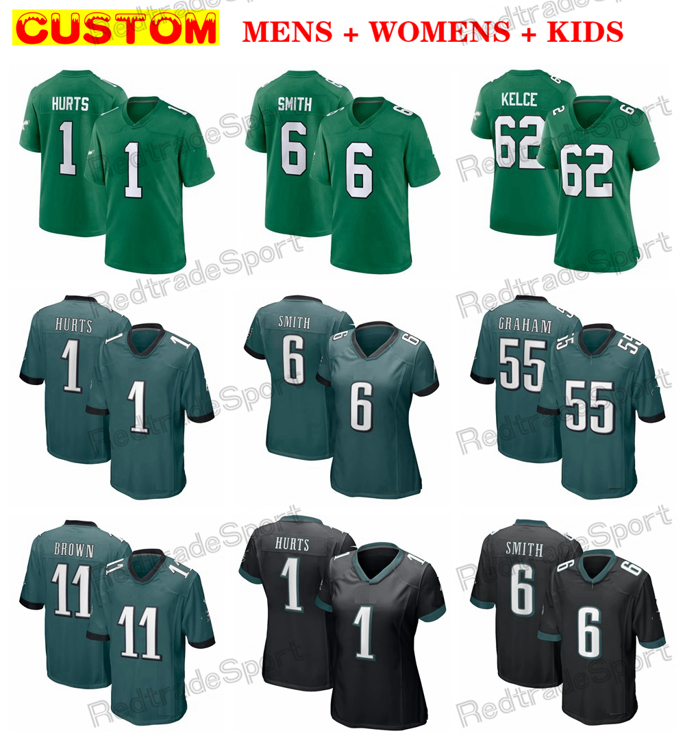 Custom Football Jerseys Mens Womens Youth Jason Kelce 1 Jalen Hurts AJ Brown Slay Jr DeVonta Smith Nolan Goedert Graham Cox Reddick Swift Mailata Dawkins Cunningham