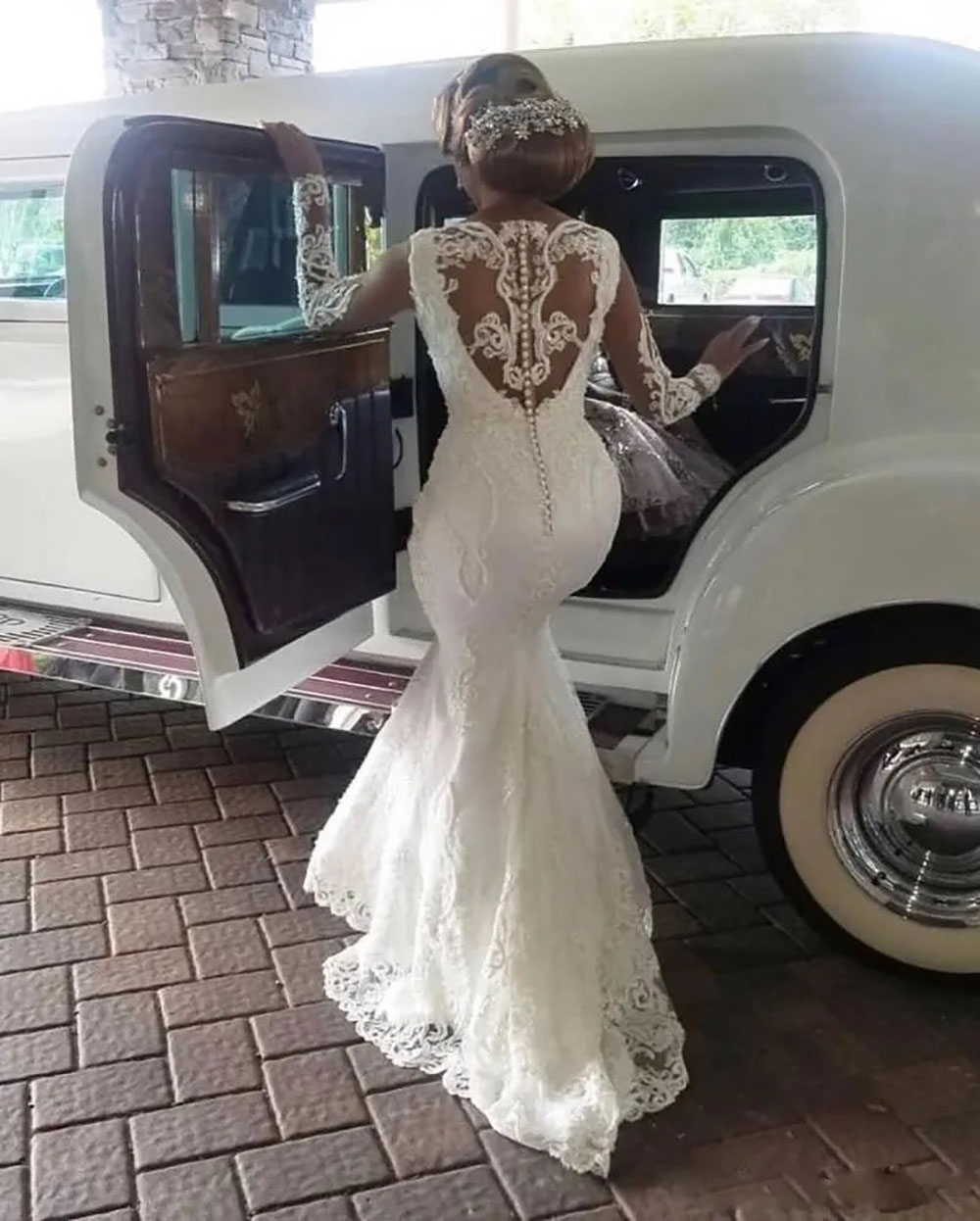 Wedding Dresses White Mermaid Bridal Gowns Ivory Formal Trumpet Applique New Plus Size Custom Zipper Lace Up Lace Long Sleeve Tulle Detachable Train B
