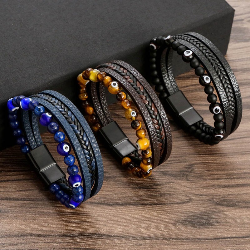 Retro Tiger Eye Natural Stone Beads Leather Bracelet Beaded Multi-layer Wrap Bracelets Bangle Cuff Wristband for Men Hiphop Jewelry