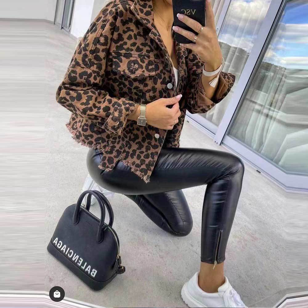 Women's Jackets Denim Coat Fall Vintage Furred Leopard Print Short Long-sleeved Single-breasted Denim Jacket For Women 230912