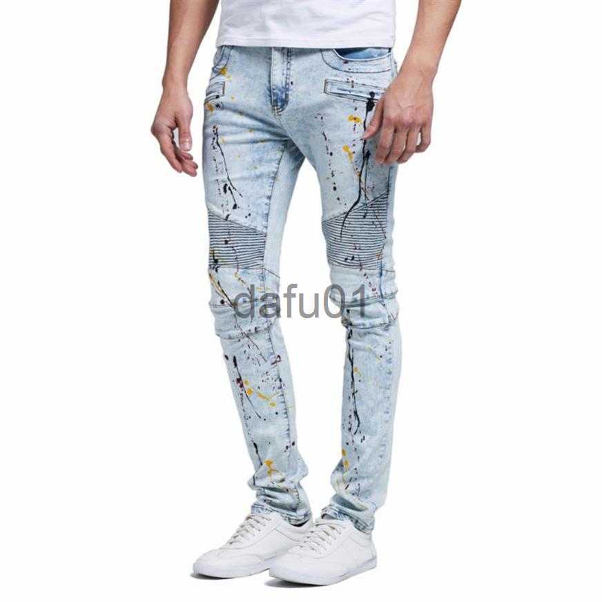Men's Jeans Hip-hop Skinny Jeans Men Pleated Zipper Spliced Painted Splash-Ink Denim Casual Penicl Pants Tide228k x0914 x0911