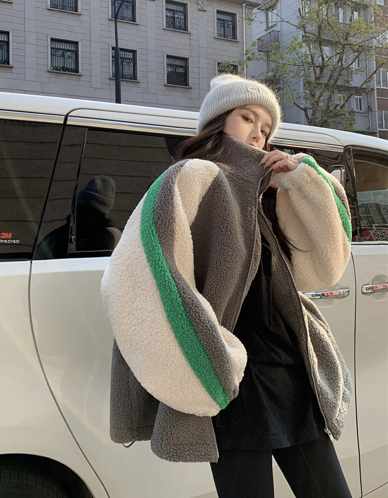 Women's Down Parkas Winter Fall Outwear Casual Fuzzy Sweatshirt Coat Faux Lamb Wool Warm Stand Collar Fleece Womens Vintage Korean Harajuku Cloth