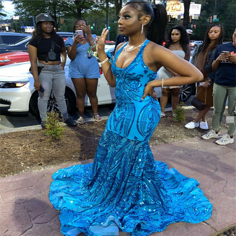 Black Girls Blue Sequin Prom Dress 2023 Glitter Mermaid Evening Dress Cross Backless Birthday Formal Occasion Dress Maxi Party Vestidos De Noche Robes